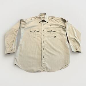 Vintage Duxbak Mens Tan Long Sleeve Fishing Embroidered Fly Fishing Shirt Size L